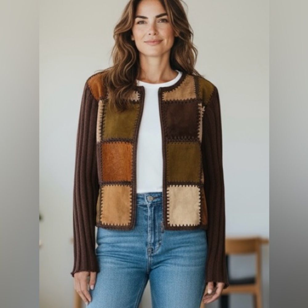 Vintage | Vintage 90’s suede patchwork sweater | Brown suede Shacket EUC S.